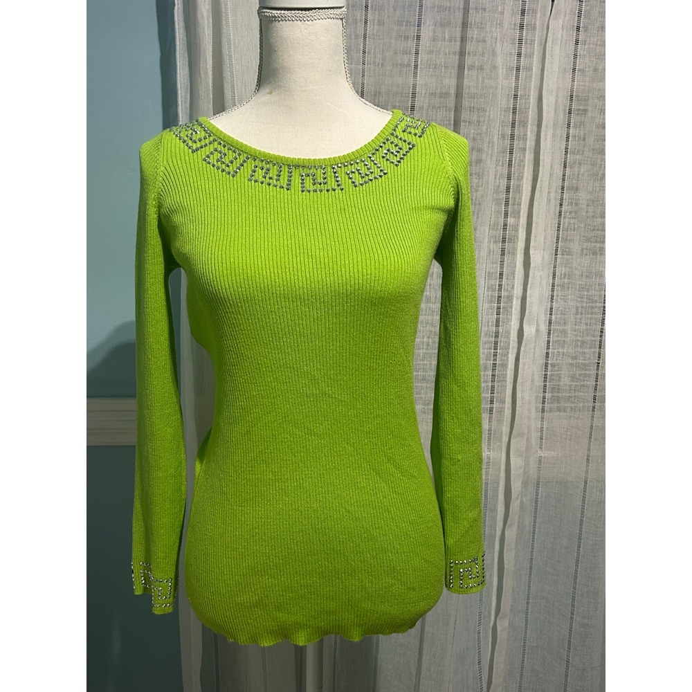 Ashley Stewart Lime Green Ribbed Rhinestone Greek Key Sweater Womens 10/12 L